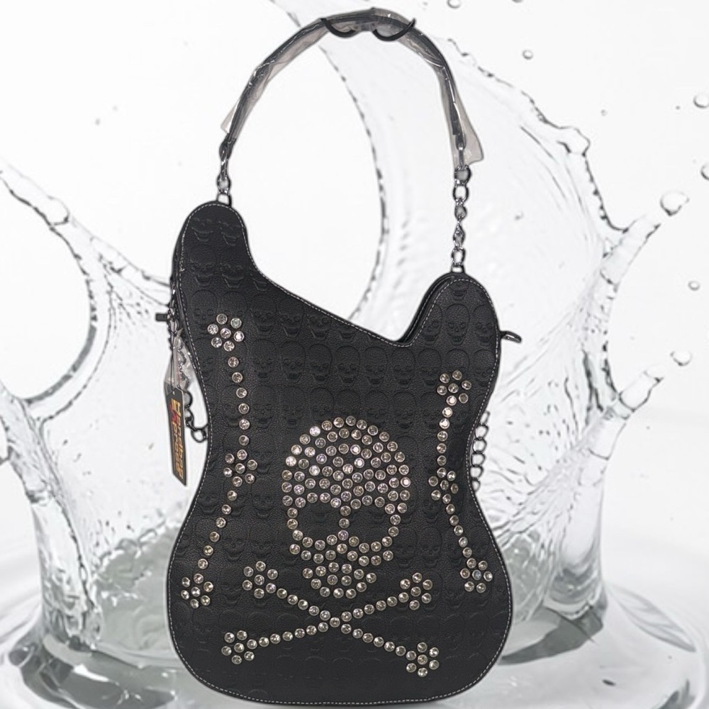 Studded Skull Guitar-Shape crossbody strap.